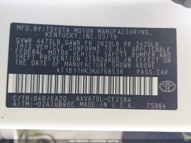 Toyota CAMRY SE 2019 4T1B11HK2KU768538 Image 9