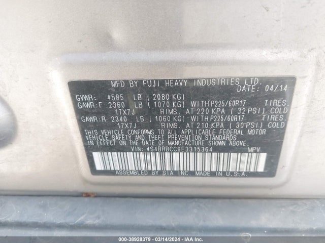 Subaru Outback 2.5i Premium 2014 4S4BRBCC9E3315364 Image 9
