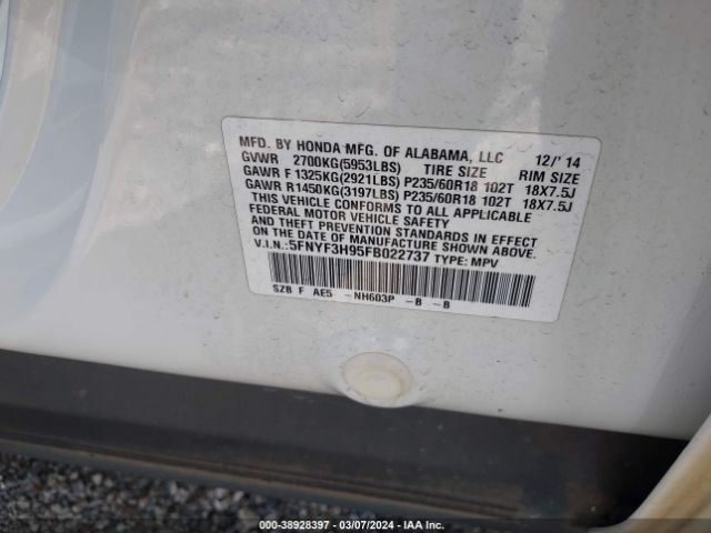 5FNYF3H95FB022737 Honda Pilot Touring