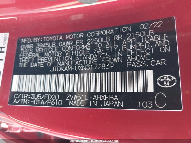 Toyota Prius Le 2022 JTDKAMFUXN3172839 Image 9