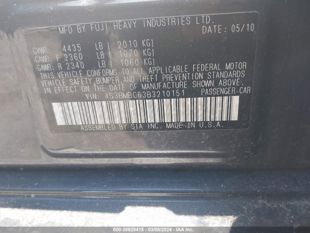 2011 SUBARU LEGACY 2.5I PREMIUM VIN: 4S3BMBC63B3210151