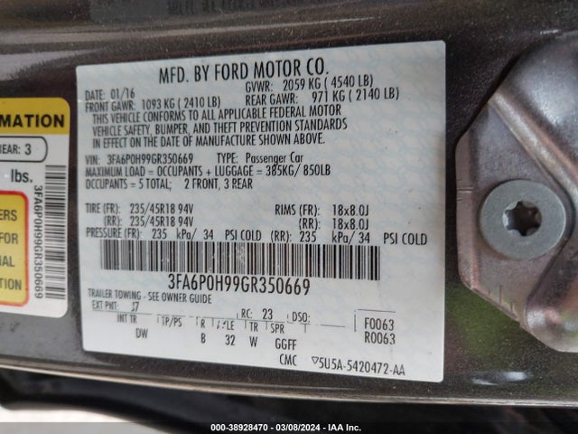 Ford FUSION SE 2016 3FA6P0H99GR350669 Image 9