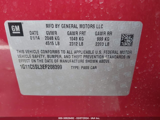 Chevrolet MALIBU 1LT 2014 1G11C5SL3EF208399 Image 9