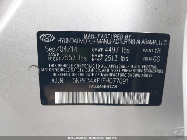 Aukcja sprzedaży 2015 Hyundai Sonata Limited, vin: 5NPE34AF1FH077091, numer aukcji: 38928534