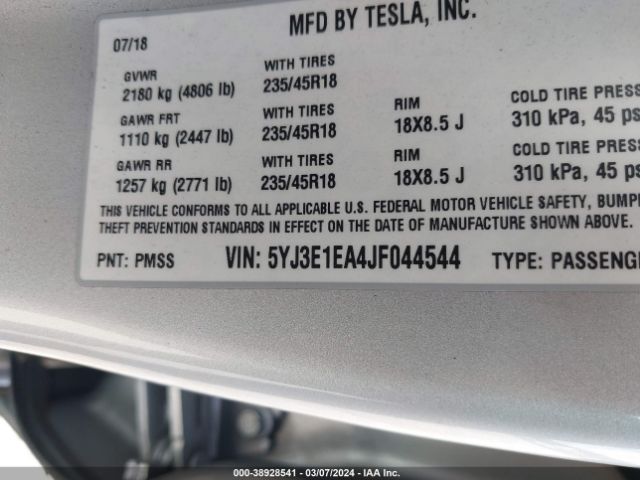 5YJ3E1EA4JF044544 Tesla Model 3 Long Range/mid Range