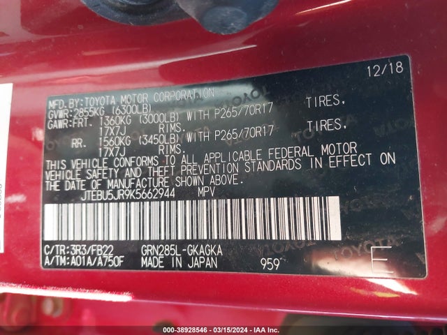 Toyota 4RUNNER SR5 2019 JTEBU5JR9K5662944 Image 9