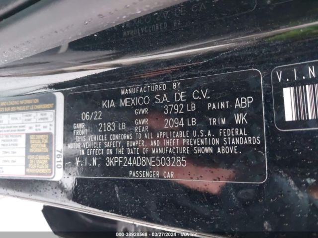 3KPF24AD8NE503285 KIA Forte Lxs