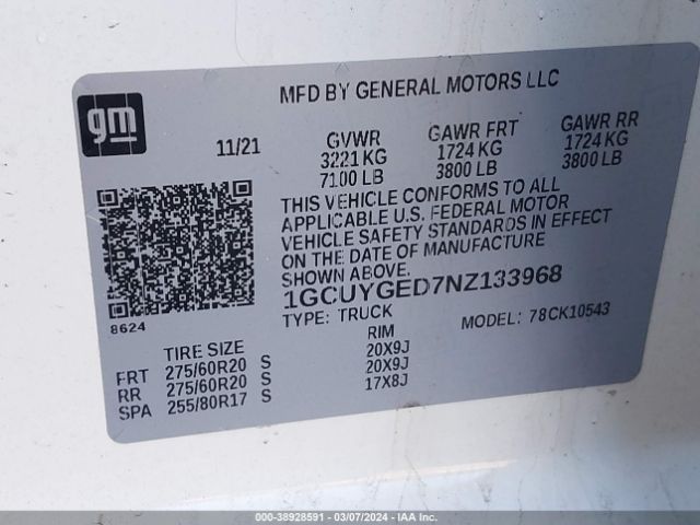 1GCUYGED7NZ133968 Chevrolet Silverado 1500 Ltd 4wd  Short Bed Ltz