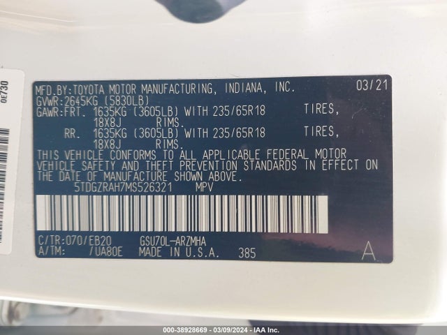 Toyota Highlander Xle 2021 5TDGZRAH7MS526321 Image 9