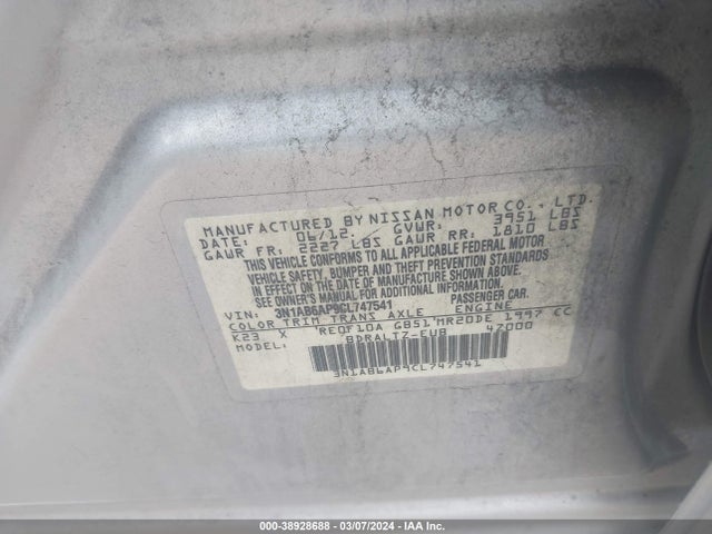 2012 NISSAN SENTRA 2.0 S VIN: 3N1AB6AP9CL747541