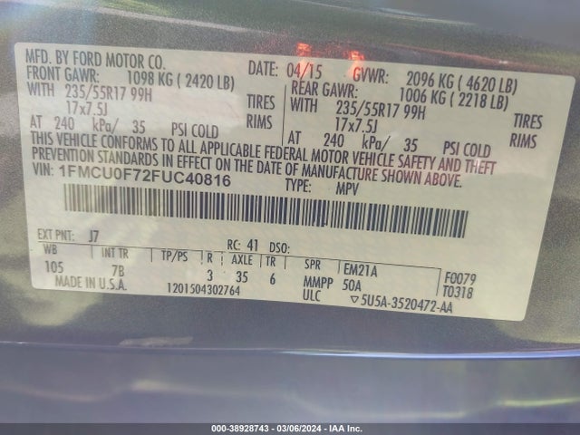 Ford ESCAPE S 2015 1FMCU0F72FUC40816 Image 9