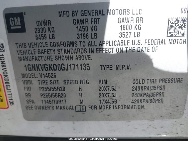 Chevrolet Traverse 1lt 2016 1GNKVGKD0GJ171135 Image 9