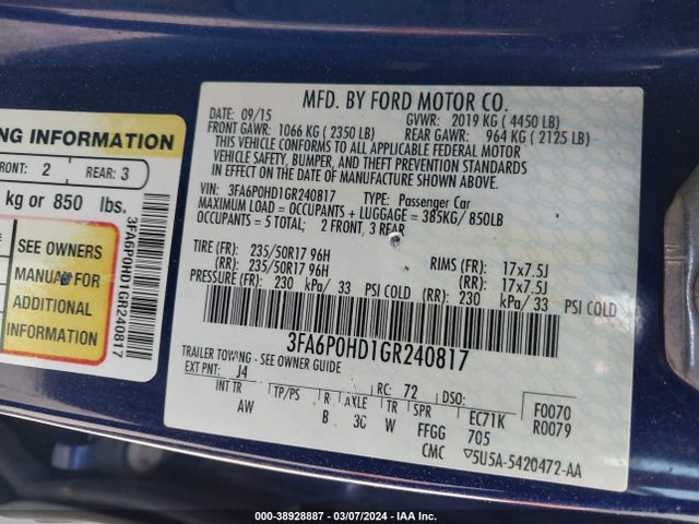 Ford FUSION SE 2016 3FA6P0HD1GR240817 Image 9