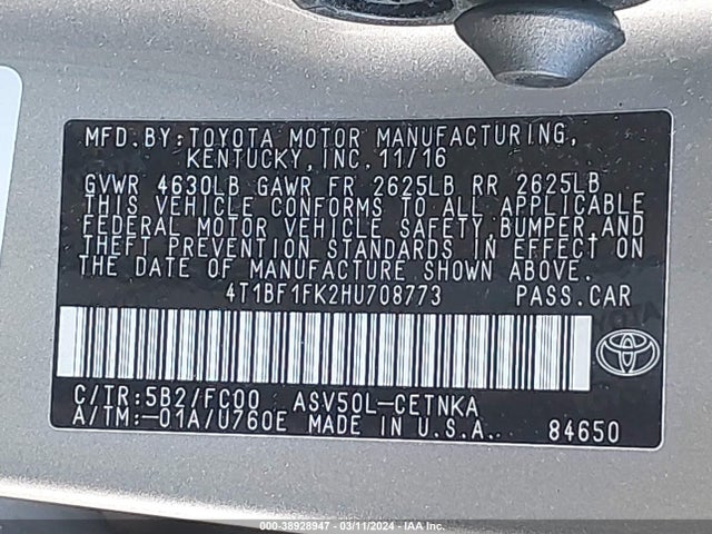 Toyota CAMRY LE 2017 4T1BF1FK2HU708773 Image 9