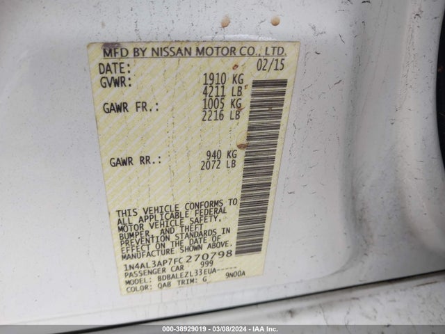 Nissan Altima 2.5 S 2015 1N4AL3AP7FC270798 Image 9