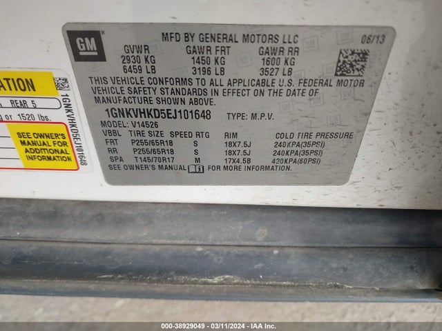 Chevrolet Traverse 2lt 2014 1GNKVHKD5EJ101648 Image 9
