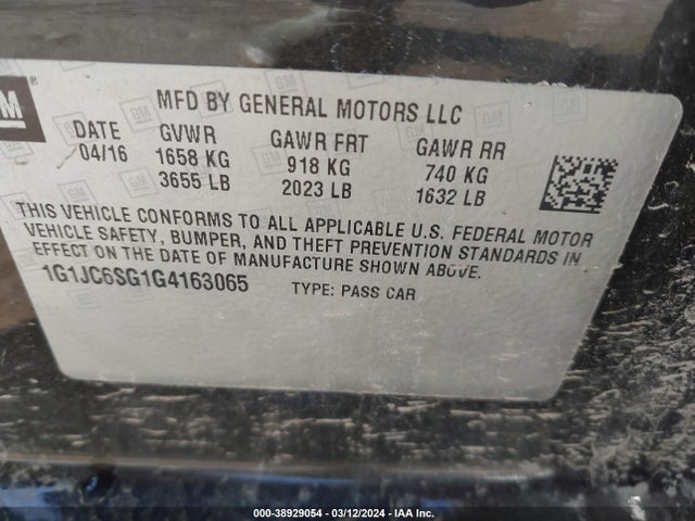 Chevrolet Sonic Lt Auto 2016 1G1JC6SG1G4163065 Image 9
