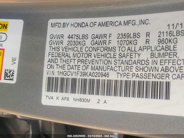 1HGCV1F39KA020946 Honda l15be
