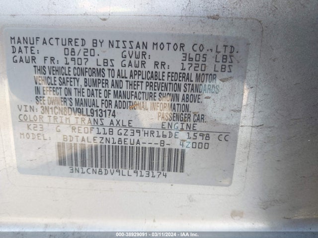 Nissan Versa S Xtronic Cvt 2020 3N1CN8DV9LL913174 Image 9