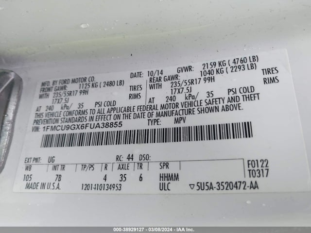 Ford ESCAPE SE 2015 1FMCU9GX6FUA38855 Image 9