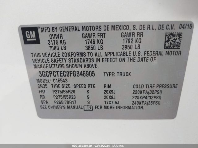 3GCPCTEC0FG346905 Chevrolet Silverado 1500 High Country