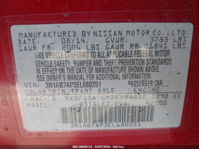 Nissan SENTRA S 2014 3N1AB7AP3EL680251 Image 9