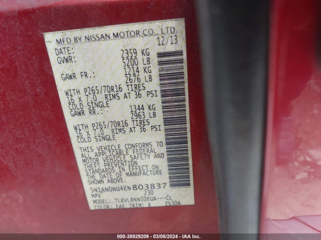 Продажа на аукционе авто 2014 Nissan Xterra S, vin: 5N1AN0NU4EN803837, номер лота: 38929209