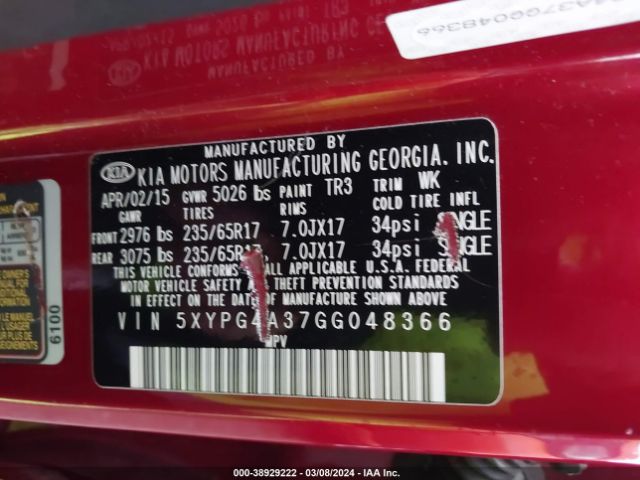 5XYPG4A37GG048366 KIA Sorento 2.4l Lx