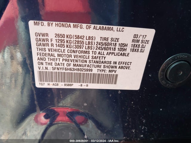 Honda Pilot Ex-l 2017 5FNYF6H63HB025999 Image 9