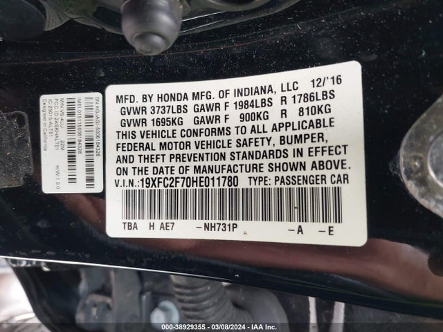 Honda CIVIC EX 2017 19XFC2F70HE011780 Image 9