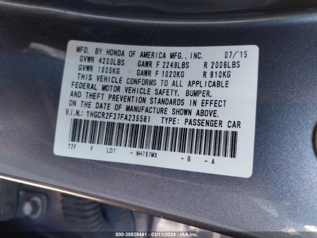 Honda ACCORD LX 2015 1HGCR2F37FA235581 Image 9