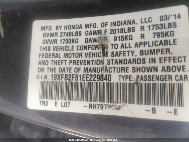 Honda Civic Lx 2014 19XFB2F51EE229840 Image 9