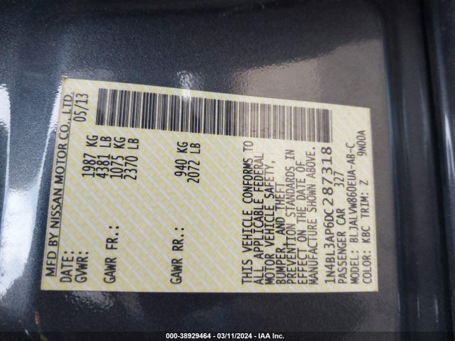 2013 NISSAN ALTIMA 3.5 SL VIN: 1N4BL3AP6DC287318
