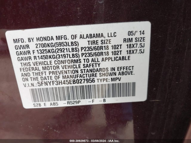 Honda Pilot Ex 2014 5FNYF3H45EB027956 Image 9