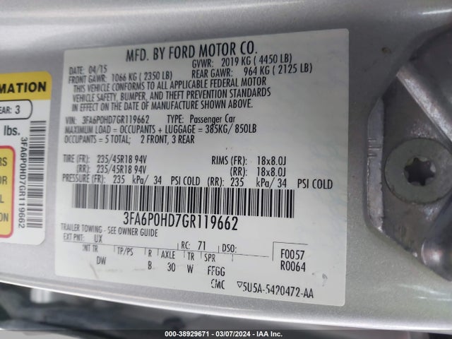 Ford FUSION SE 2016 3FA6P0HD7GR119662 Image 9