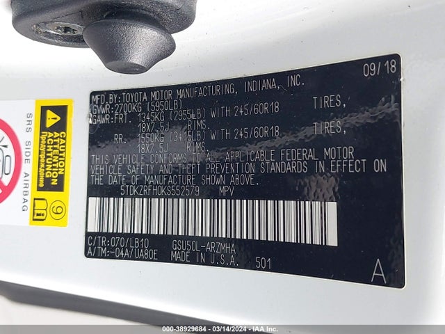 Toyota Highlander Xle 2019 5TDKZRFH0KS552579 Image 9
