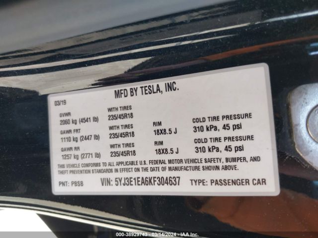 5YJ3E1EA6KF304637 Tesla Model 3 Long Range/mid Range/standard Range/standard Range Plus