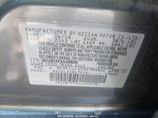 Nissan SENTRA SV 2018 3N1AB7AP3JL659698 Image 9