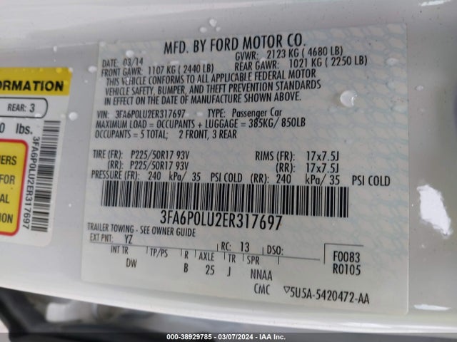 Ford Fusion Hybrid Se 2014 3FA6P0LU2ER317697 Image 9