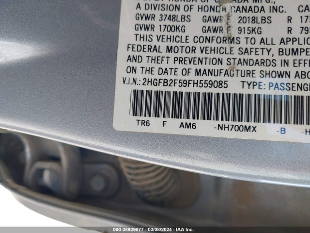 Honda Civic Lx 2015 2HGFB2F59FH559085 Image 9