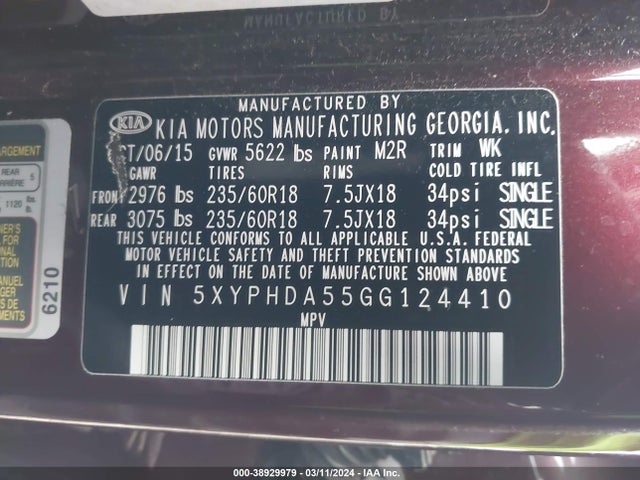 5XYPHDA55GG124410 KIA Sorento 3.3l Ex