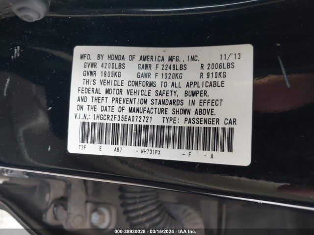 Honda ACCORD LX 2014 1HGCR2F35EA072721 Image 9