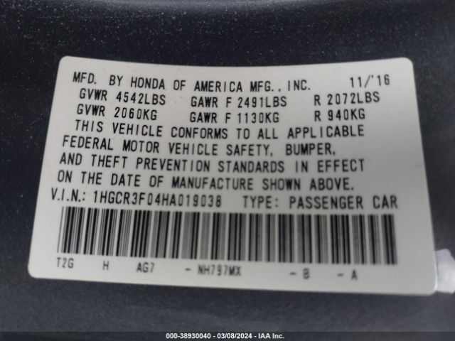 1HGCR3F04HA019038 Honda Accord Ex-l V6