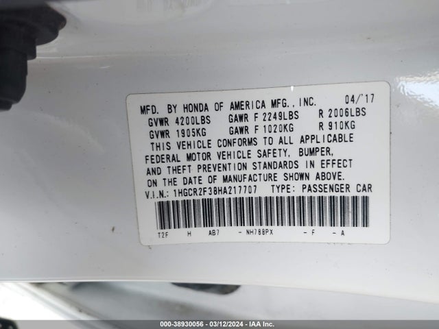 Honda ACCORD LX 2017 1HGCR2F38HA217707 Image 9