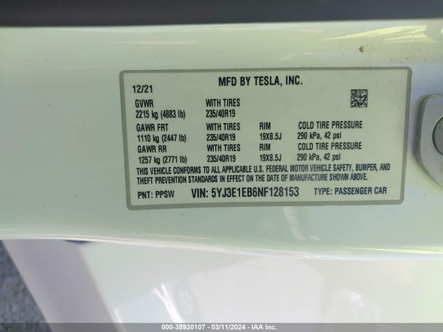 Tesla Model 3 Long Range Dual Motor All-wheel Drive 2022 5YJ3E1EB6NF128153 Image 9