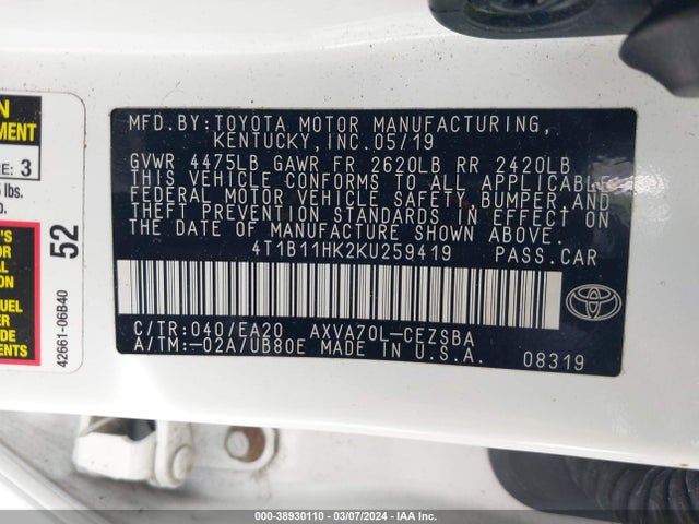 Toyota CAMRY SE 2019 4T1B11HK2KU259419 Image 9