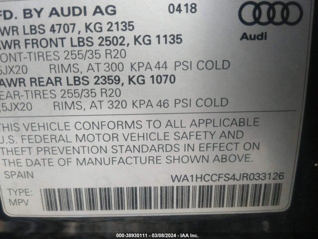 WA1HCCFS4JR033126 Audi Q3 2.0t Premium/2.0t Sport Premium