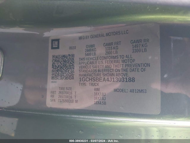 Chevrolet Colorado Wt 2018 1GCHSBEA4J1303188 Image 9