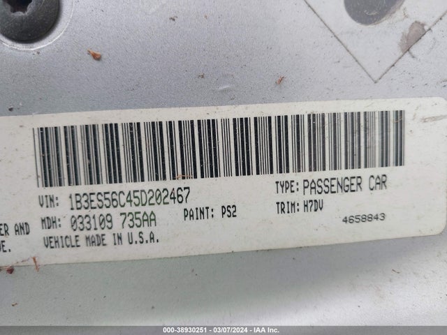 2005 DODGE NEON SXT VIN: 1B3ES56C45D202467