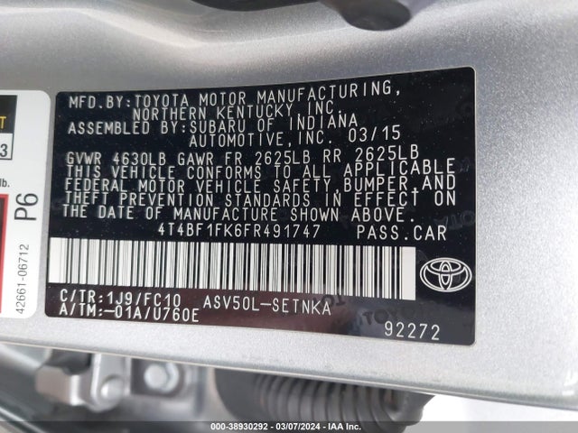 Toyota CAMRY LE 2015 4T4BF1FK6FR491747 Image 9